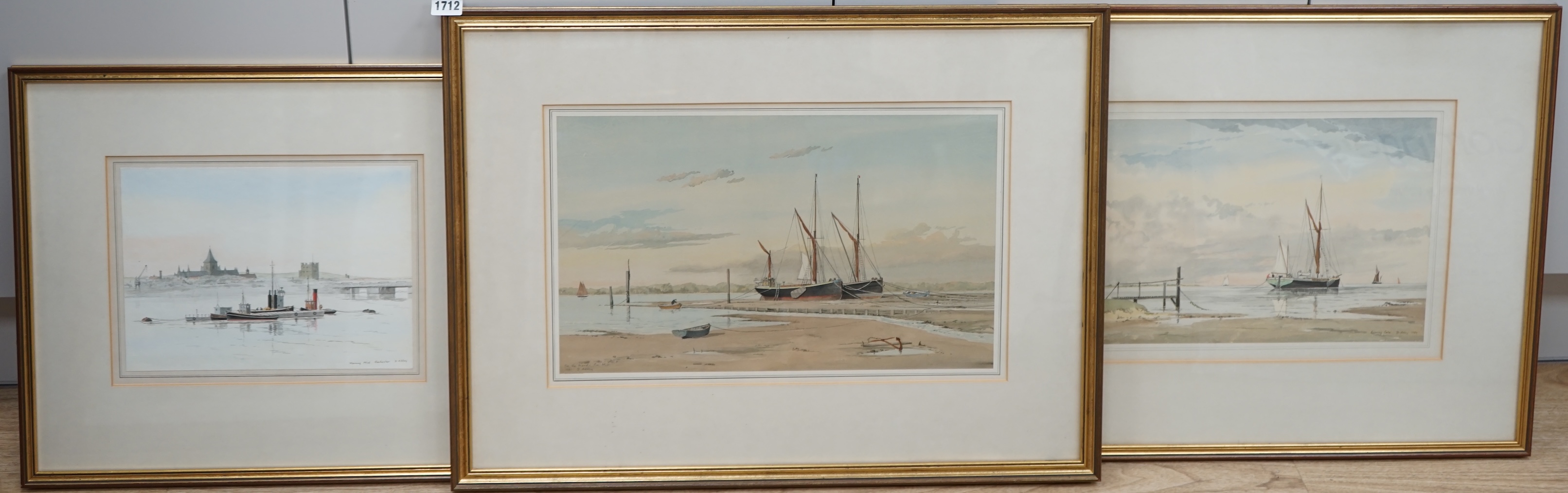 David Addey (b.1933), set of three watercolours, comprising 'Morning Mist, Rochester', 'Evening Calm' and 'On the Hard Pin Mill', each signed, labels verso, largest 27 x 45cm. Condition - fair